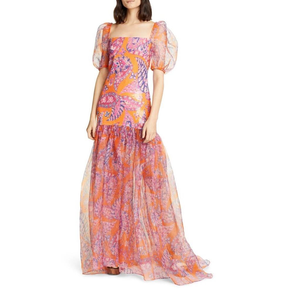STAUD Pink-Orange Paisley Puff-Sleeve Maxi Dress